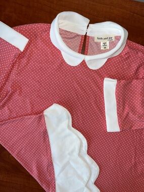 Pink Polka Dot Blouse White Peter Pan Collar Baby Doll by Faith and Joy 🩷 NWOT